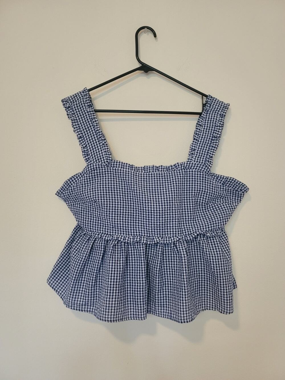 Mi Ami Women’s XL Blue Gingham Sleeveless Cropped Top w/ Ruffle Straps Tie Back